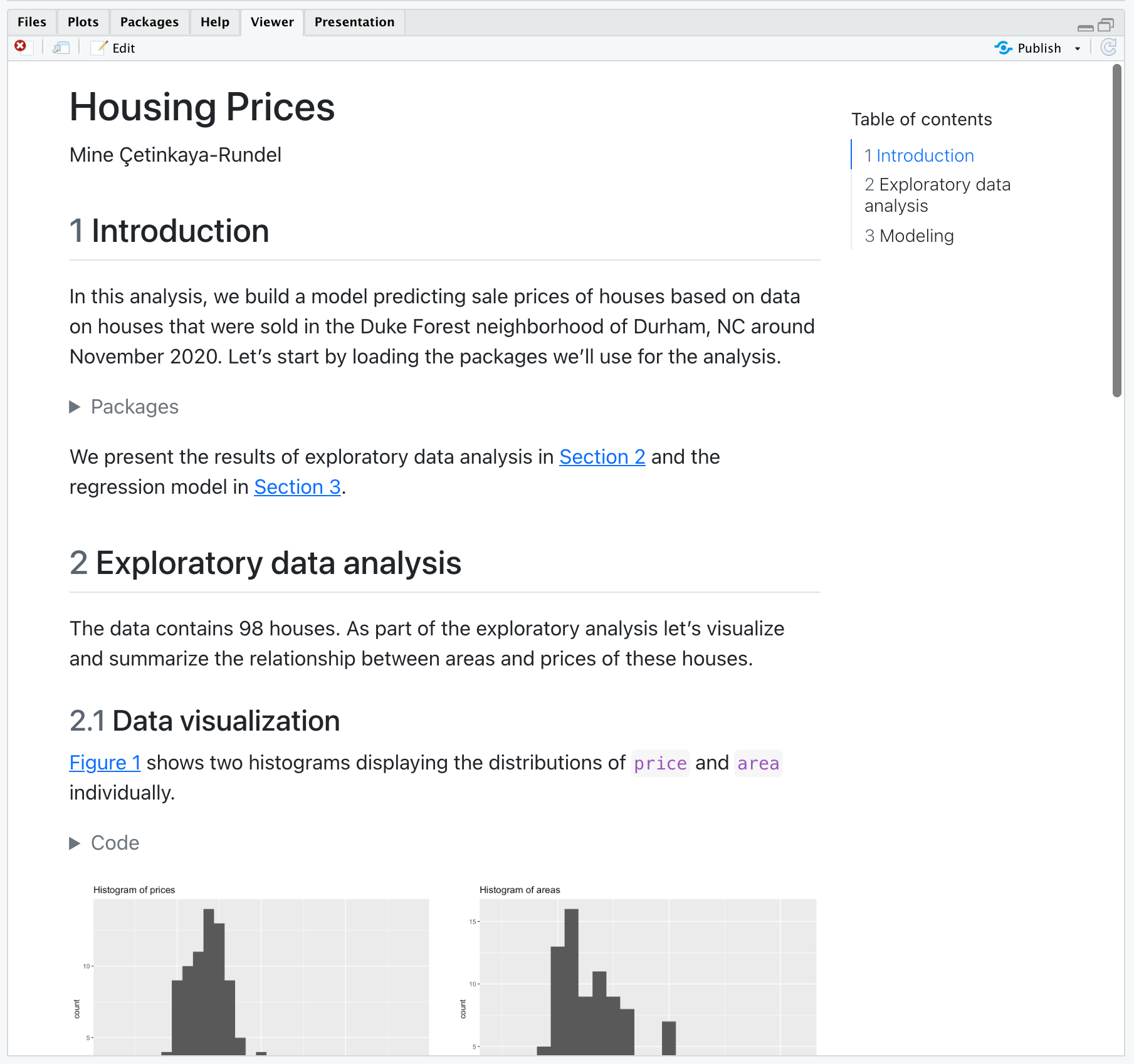 Rendered version of authoring.qmd as HTML with numbered sections and a table of contents on the top right. The table of contents shows three sections: Introduction, Exploratory data analysis (with subsections Data visualization and Summary statistics), and Modeling.